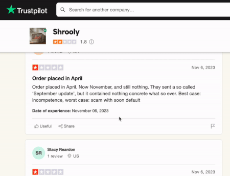 Trustpilot reviews of dozens of customers sharing concerns that Shrooly is a scam & to be careful